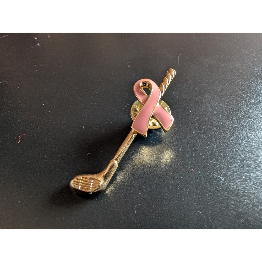 Gold Tone Pink Ribbon Golf Club Lapel Pin Breast Cancer Awareness